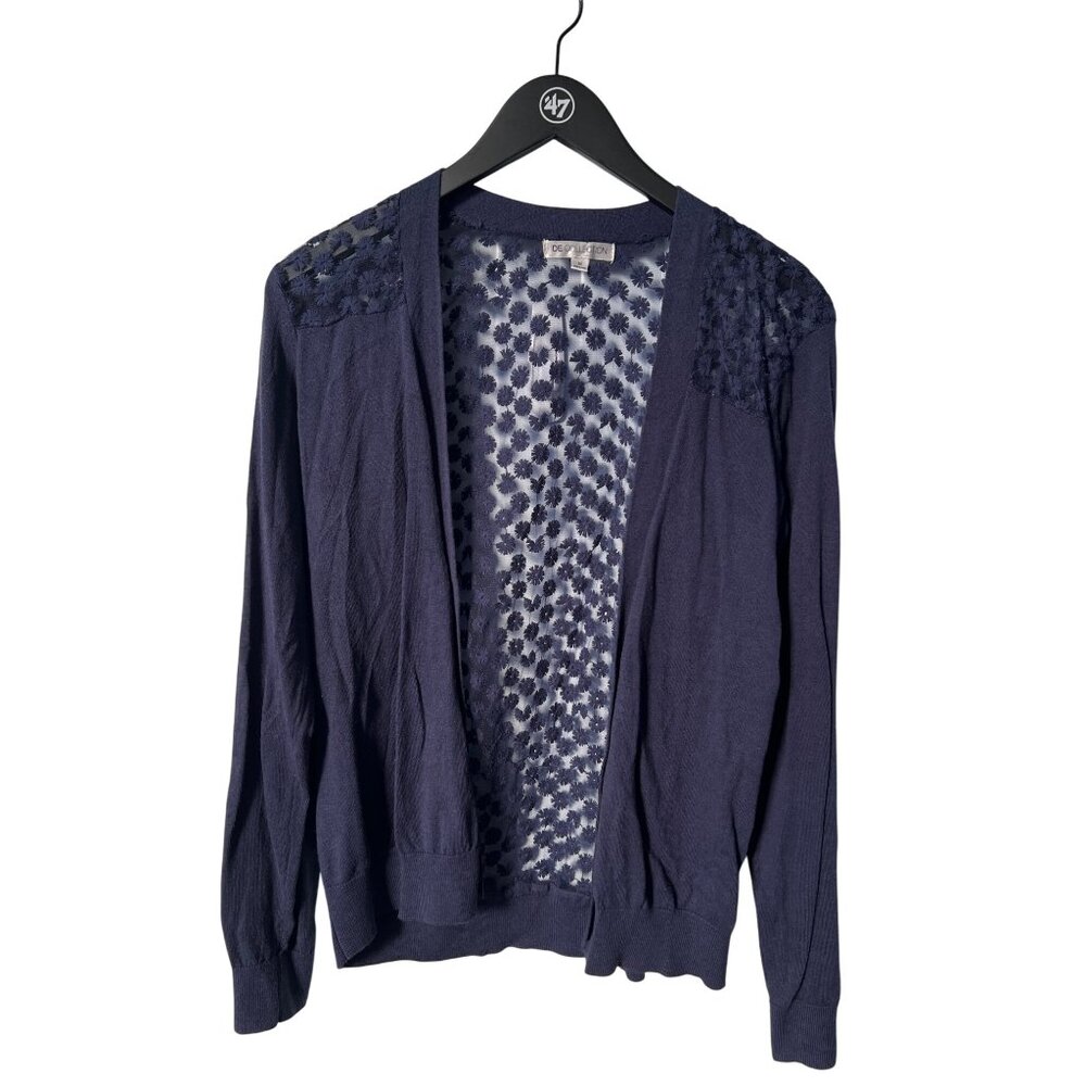 DE Collection Embroidered Mesh Cardigan Sweater Size M Open Front Navy Cozy Knit